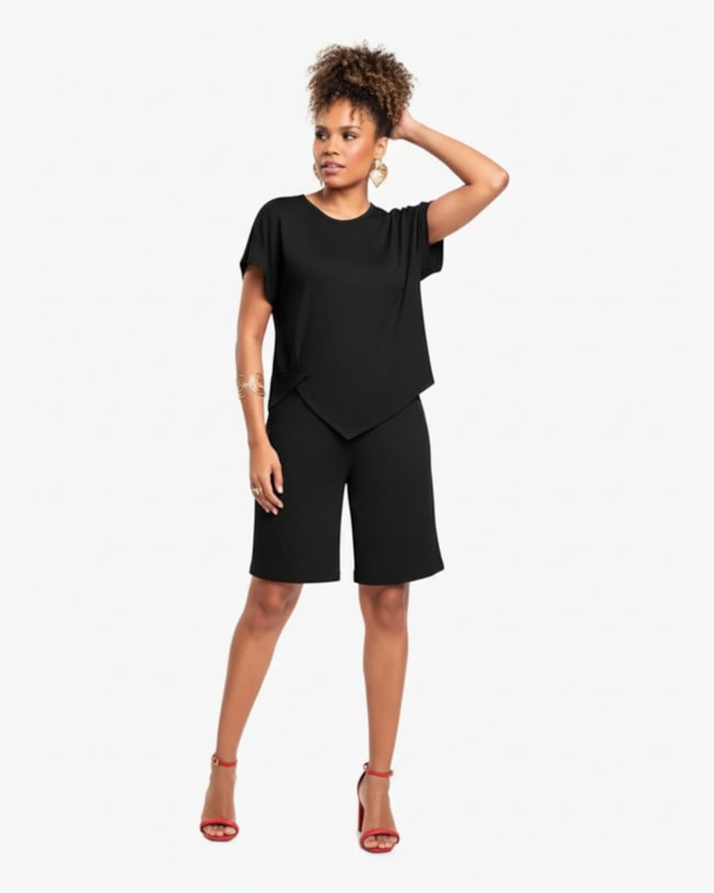 Bermuda Feminina em Malha Crepe com Bolso - Cereja Rosa - Preto-d70f2274-c8f0-4e0c-b0d8-ea33e509252b