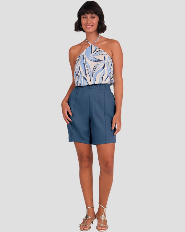 Bermuda Feminina em Viscose Linho com Bolso Cereja Rosa Azul