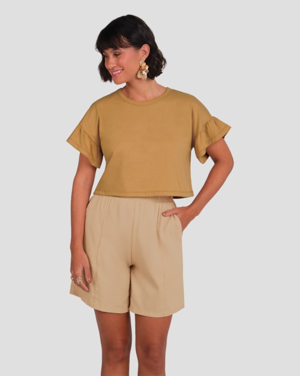 Bermuda Feminina em Viscose Linho com Bolso Cereja Rosa Bege