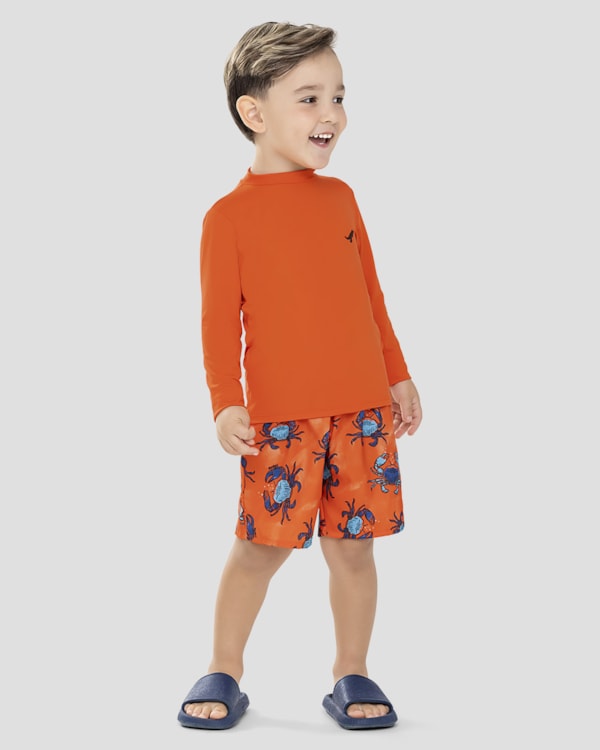 Bermuda Praia Infantil Menino Estampa Tubarão ReiRex Laranja