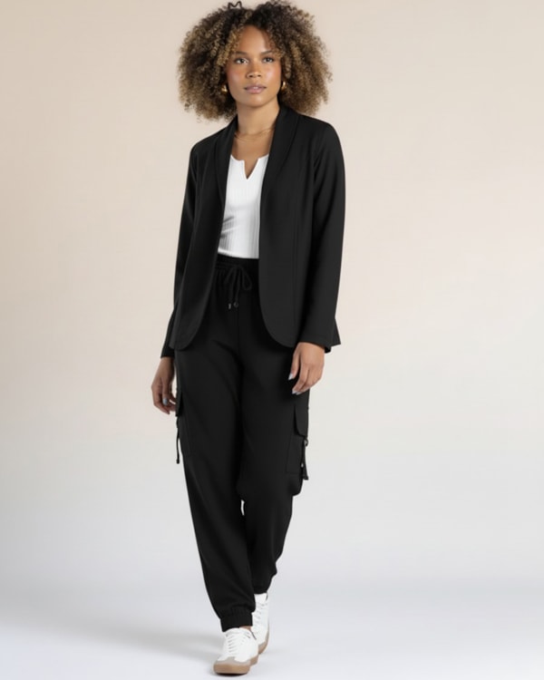 Blazer Feminino em Viscose Linho - Cereja Rosa - Preto