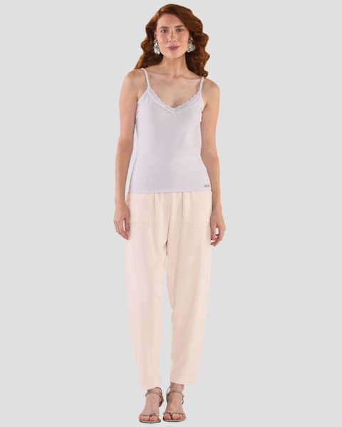 Blusa Básica Alça Fina Decote V com Renda - Cereja Rosa - Branco