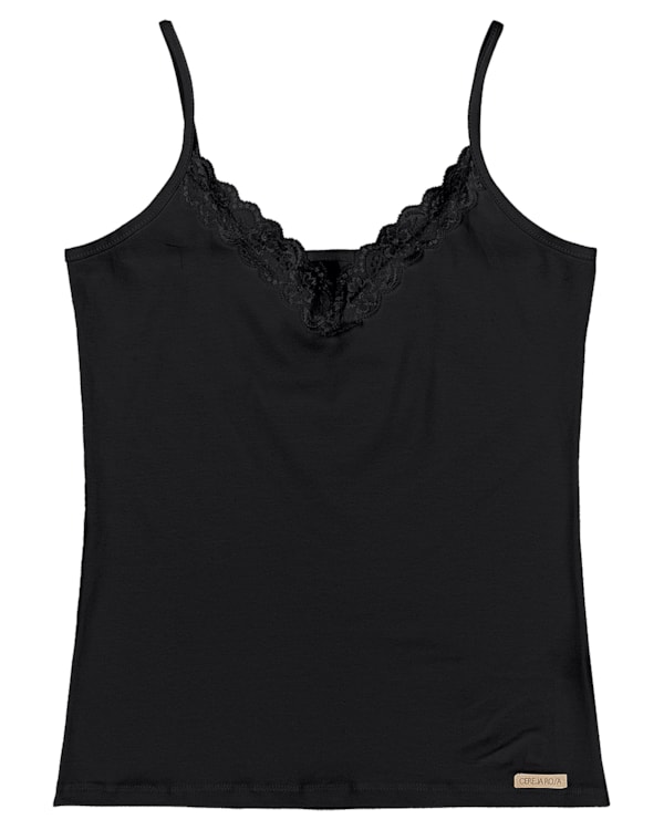 Blusa Básica Alça Fina Decote V com Renda - Cereja Rosa - Preto
