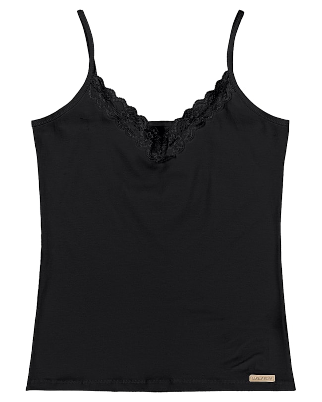 Blusa Básica Alça Fina Decote V com Renda - Cereja Rosa - Preto-5946d72c-0989-4b04-a55b-8bd0ad9b0b35