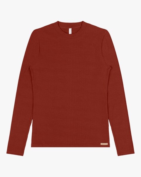 Blusa Básica Canelada com Manga Longa Cereja Rosa Ferrugem