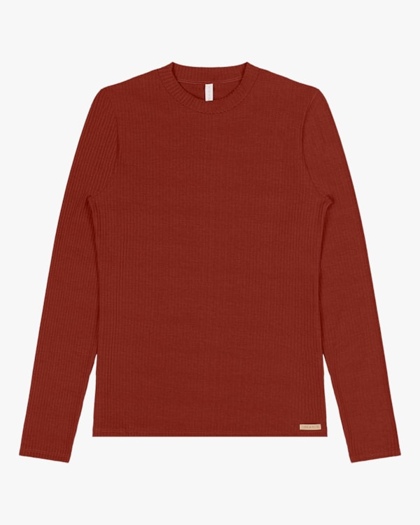 Blusa Básica Canelada com Manga Longa Cereja Rosa Ferrugem