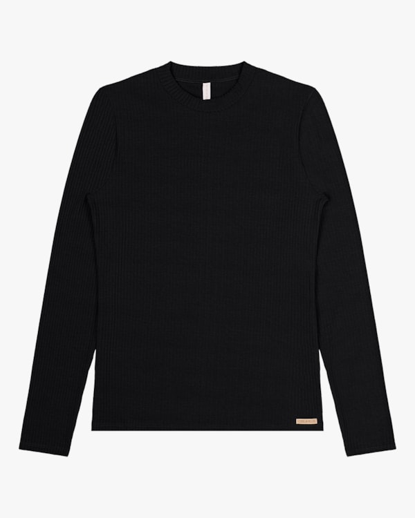 Blusa Básica Canelada com Manga Longa Cereja Rosa - Preto