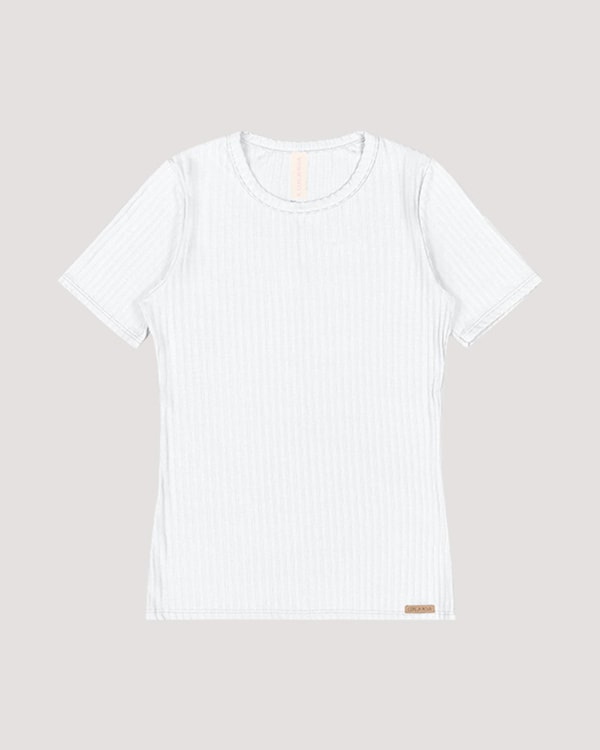 Blusa Básica Canelada Manga Curta - Cereja Rosa -Branco
