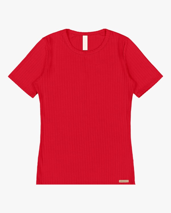 Blusa Básica Canelada Manga Curta - Cereja Rosa -Tomato