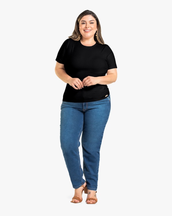 Blusa Básica Canelada Manga Curta Plus Size - Cereja Rosa reto