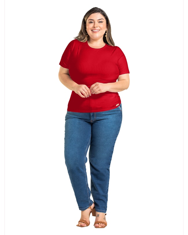 Blusa Básica Canelada Manga Curta Plus Size - Cereja Rosa -Tomato-79aa1626-7aaf-4d02-9830-7e1c754a0d8d