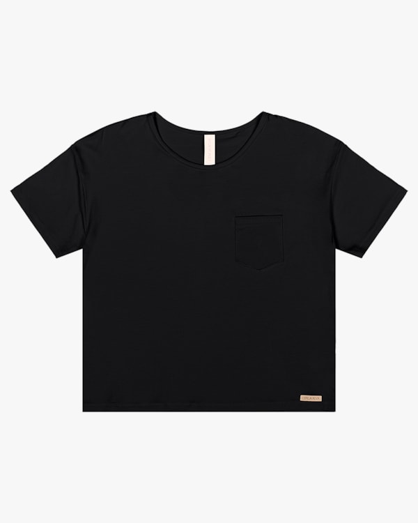 Blusa Básica com Bolso Manga Curta - Cereja Rosa - Preto