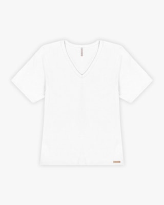 Blusa Básica Feminina em Ribana Canelada com Decote V - Cereja Rosa - Branco