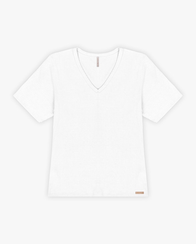 Blusa Básica Feminina em Ribana Canelada com Decote V - Cereja Rosa - Branco-3e39ea74-f937-4700-a2e3-cd5cd3e185e6