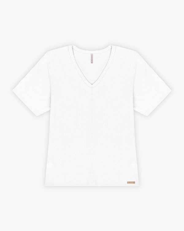 Blusa Básica Feminina em Ribana Canelada com Decote V - Cereja Rosa - Branco