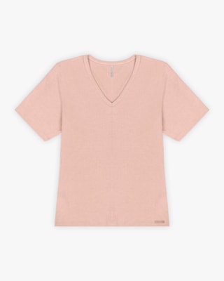 Blusa Básica Feminina em Ribana Canelada com Decote V - Cereja Rosa - Nude