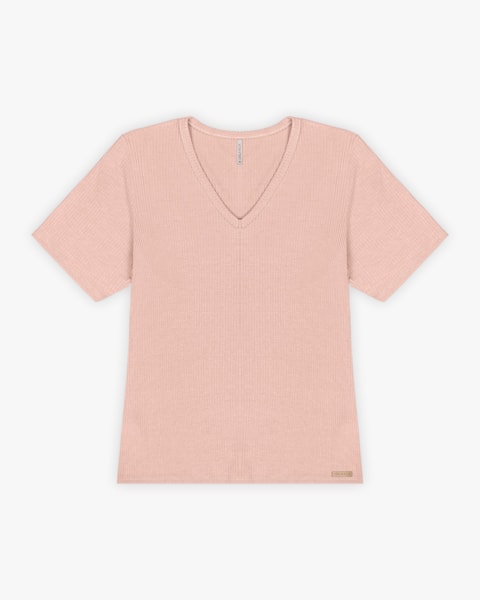 Blusa Básica Feminina em Ribana Canelada com Decote V - Cereja Rosa - Nude