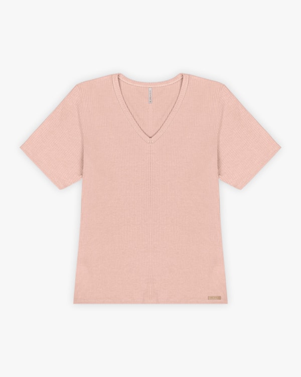 Blusa Básica Feminina em Ribana Canelada com Decote V - Cereja Rosa - Nude