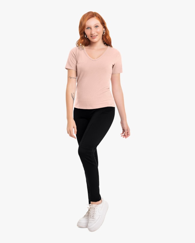 Blusa Básica Feminina em Ribana Canelada com Decote V - Cereja Rosa - Nude-41bf615d-ed59-486a-ac41-8a0eac37cf0e