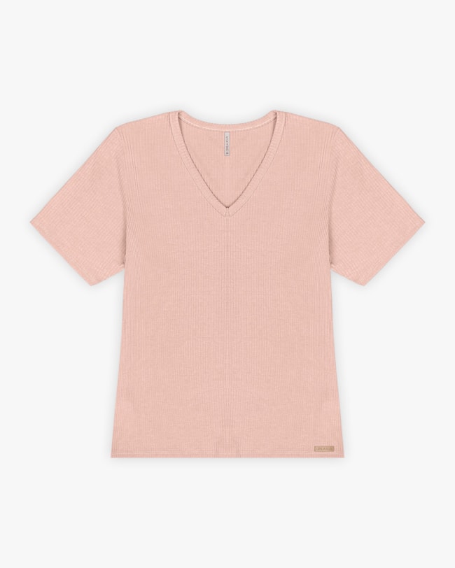 Blusa Básica Feminina em Ribana Canelada com Decote V - Cereja Rosa - Nude-a5e48c33-b787-431f-a49c-be39c303df0f