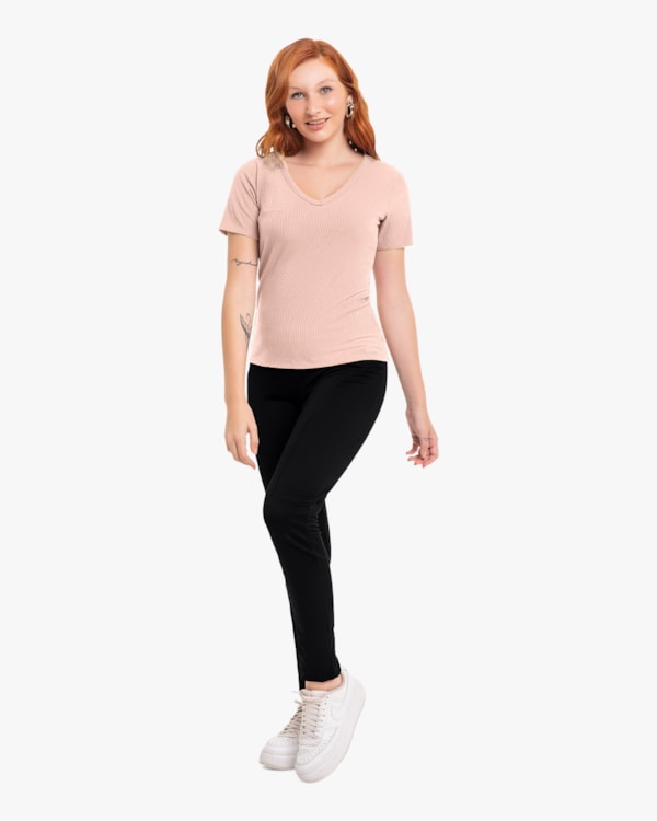 Blusa Básica Feminina em Ribana Canelada com Decote V - Cereja Rosa - Nude