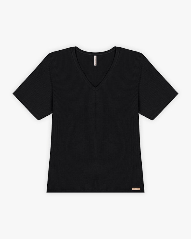 Blusa Básica Feminina em Ribana Canelada com Decote V - Cereja Rosa - Preto-32aa3128-4df4-437c-978f-00154d281ca9