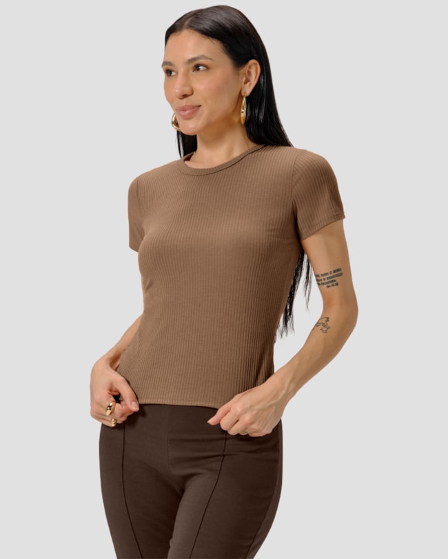 Blusa Básica Feminina Manga Curta Canelada - Cereja Rosa - Marrom-fe8238a6-6d93-4119-a334-600f7e008fa1