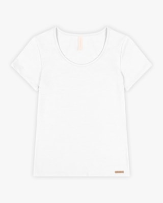 Blusa Básica Feminina Manga Curta em Cotton - Cereja Rosa - Branco