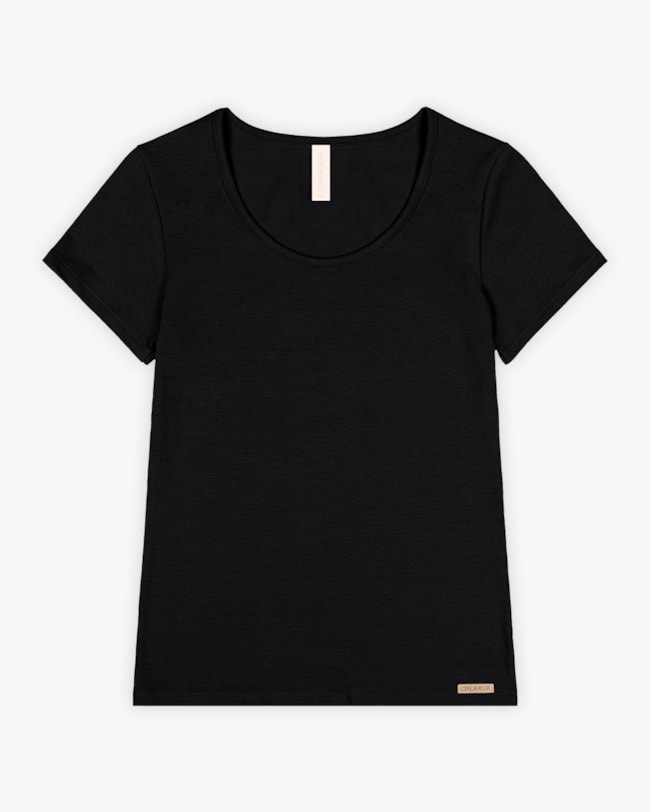 Blusa Básica Feminina Manga Curta em Cotton - Cereja Rosa - Preto-11118adb-c8d7-4041-989a-f54e583c745a