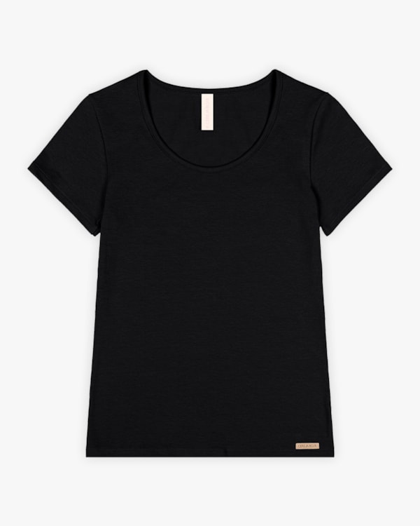 Blusa Básica Feminina Manga Curta em Cotton - Cereja Rosa - Preto