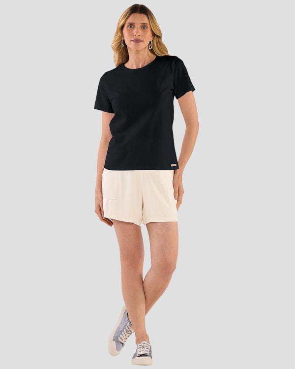 Blusa Básica Feminina Manga Curta em Meia Malha - Cereja Rosa - Preto
