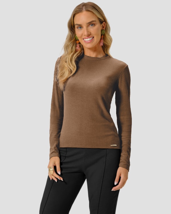 Blusa Básica Feminina Manga Longa Canelada - Cereja Rosa - Marrom