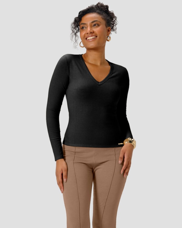 Blusa Básica Feminina Manga Longa com Decote V - Cereja Rosa - Preto