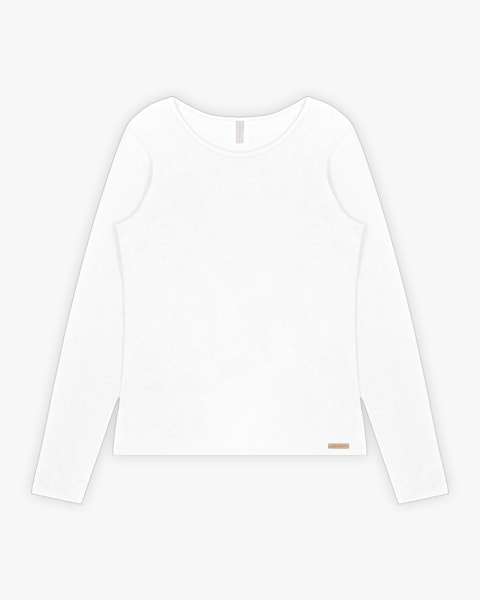 Blusa Básica Feminina Manga Longa em Cotton - Cereja Rosa - Branco