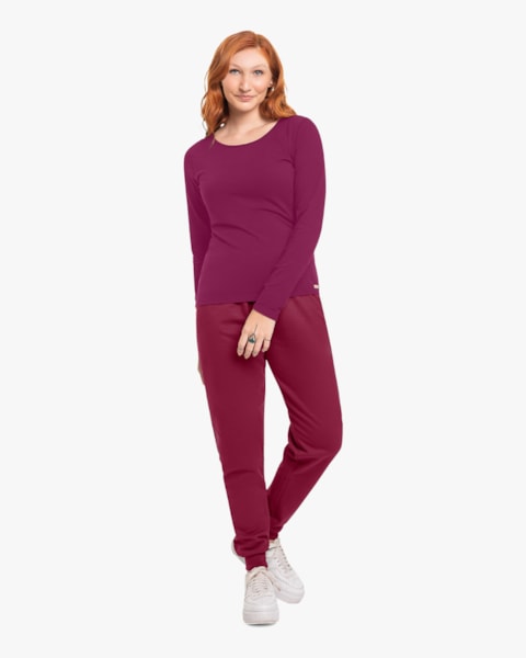 Blusa Básica Feminina Manga Longa em Cotton - Cereja Rosa - Marsala