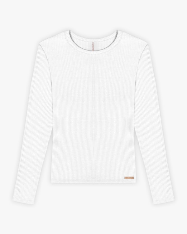 Blusa Básica Feminina Manga Longa em Ribana Canelada - Cereja Rosa - Branco