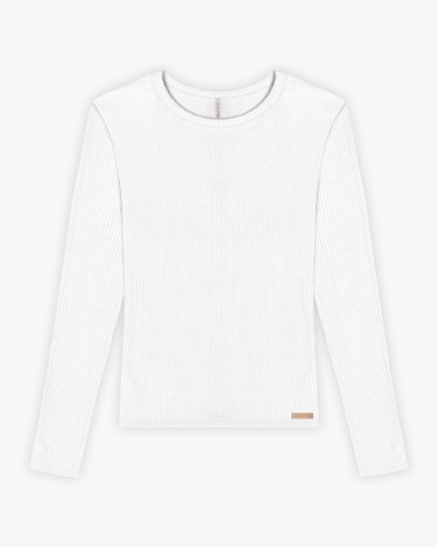 Blusa Básica Feminina Manga Longa em Ribana Canelada - Cereja Rosa - Branco