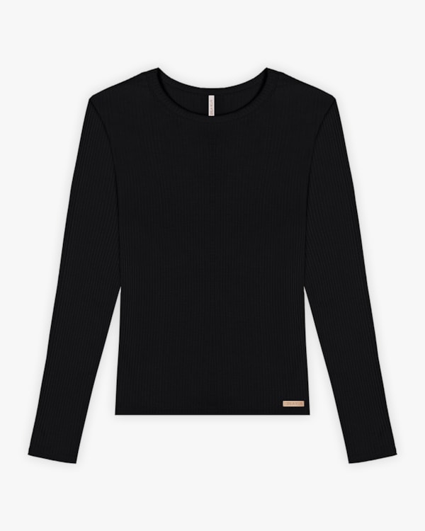 Blusa Básica Feminina Manga Longa em Ribana Canelada - Cereja Rosa - Preto