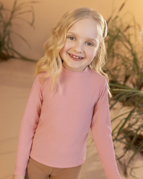 Blusa Básica Infantil Manga Longa Canelada - Kely Kety - Rosa