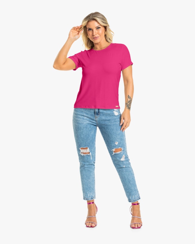 Blusa Básica Manga Curta em Meia Malha Cereja Rosa-43188297-d010-4ea8-b68c-1d006d63eebb