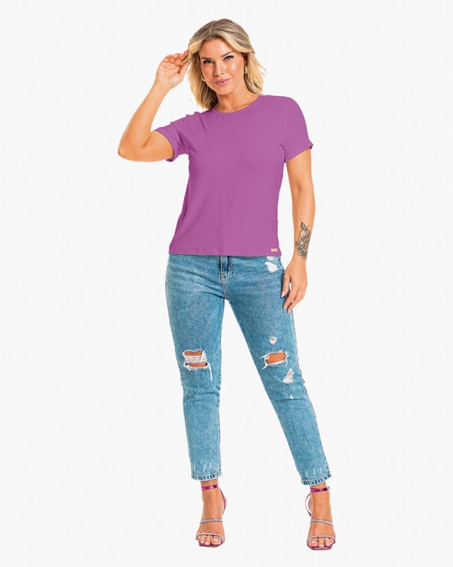 Blusa Básica Manga Curta em Viscose - Cereja Rosa - Deep Violet-d5e1f217-33b4-45c4-a5d1-aaf3456a2764