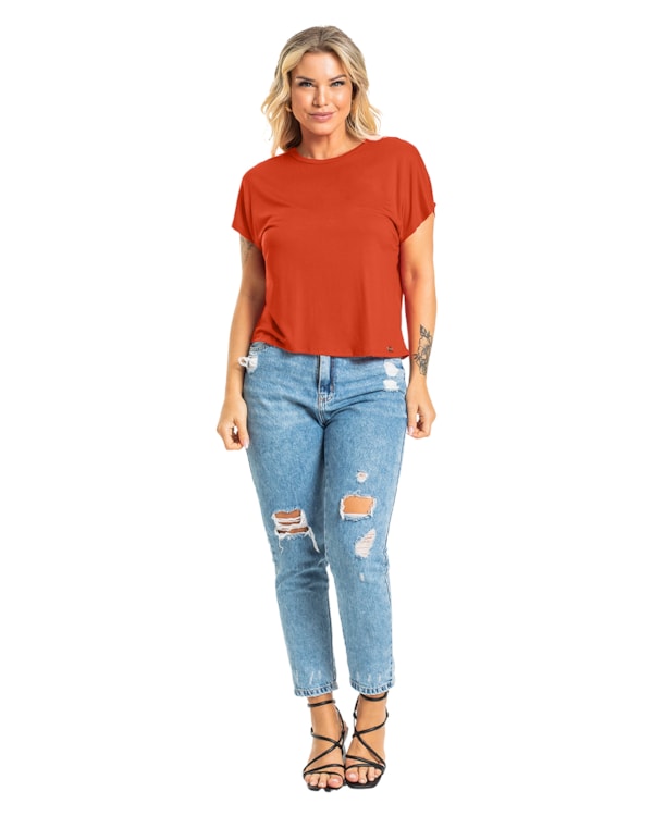 Blusa Básica Manga Curta em Viscose Crepe - Cereja Rosa - Carrot