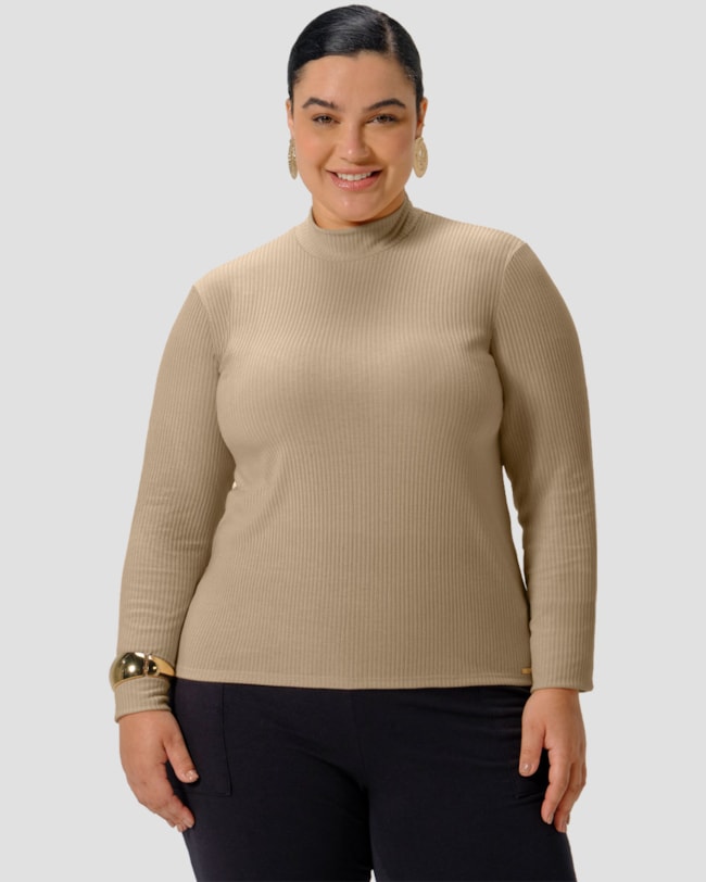 Blusa Básica Plus Size Canelada com Gola Alta - Cereja Rosa - Bege-8308ce07-fd38-494c-a9d3-dada610b1ce8