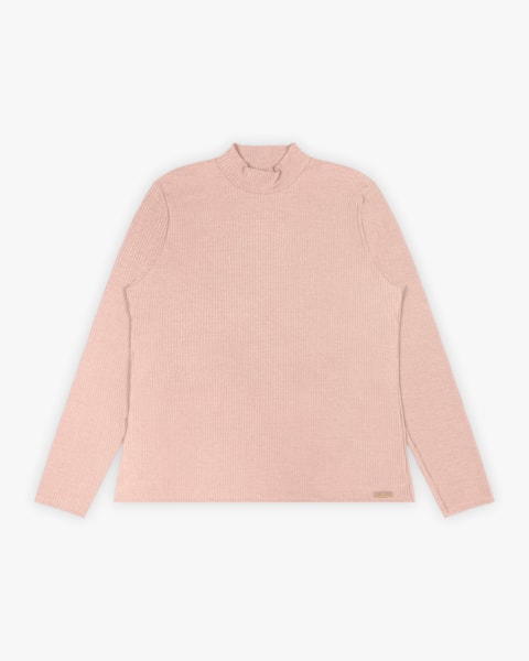 Blusa Básica Plus Size Canelada com Gola Alta - Cereja Rosa - Nude