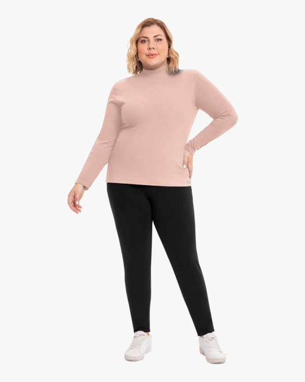 Blusa Básica Plus Size Canelada com Gola Alta - Cereja Rosa - Nude