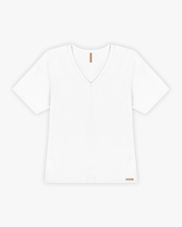 Blusa Básica Plus Size com Decote V Canelada - Cereja Rosa - Branco