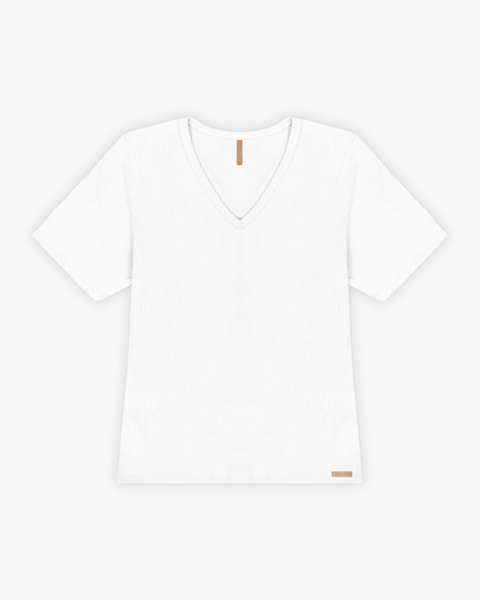 Blusa Básica Plus Size com Decote V Canelada - Cereja Rosa - Branco