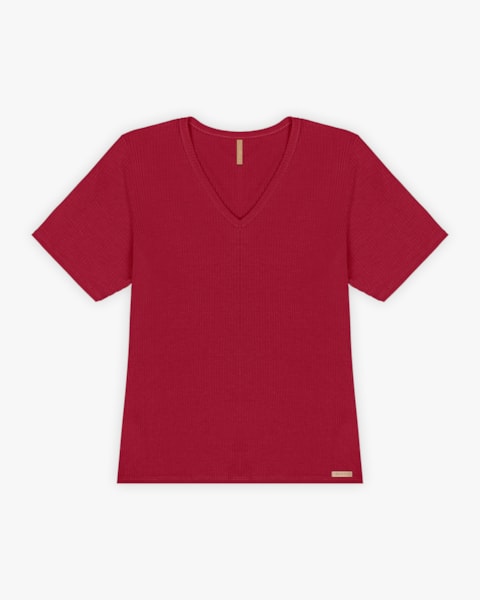 Blusa Básica Plus Size com Decote V Canelada - Cereja Rosa - Cherry Red