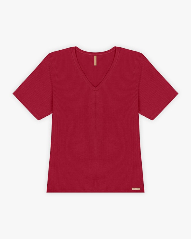 Blusa Básica Plus Size com Decote V Canelada - Cereja Rosa - Cherry Red-3e37ea2c-a7bf-4d97-86fb-e1b3aff166b1