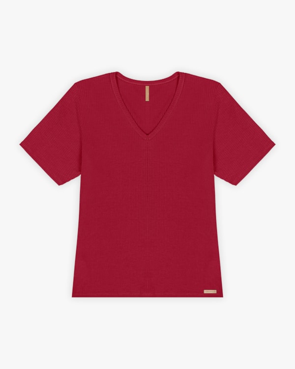 Blusa Básica Plus Size com Decote V Canelada - Cereja Rosa - Cherry Red